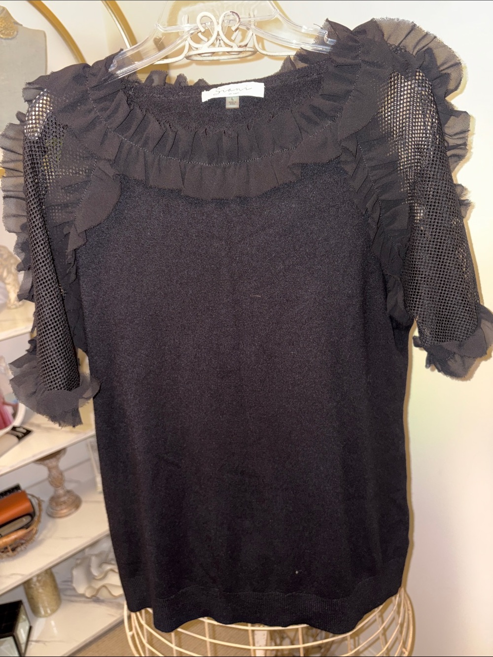 Black Ruffle Mesh Sleeve Short Sleeve Top